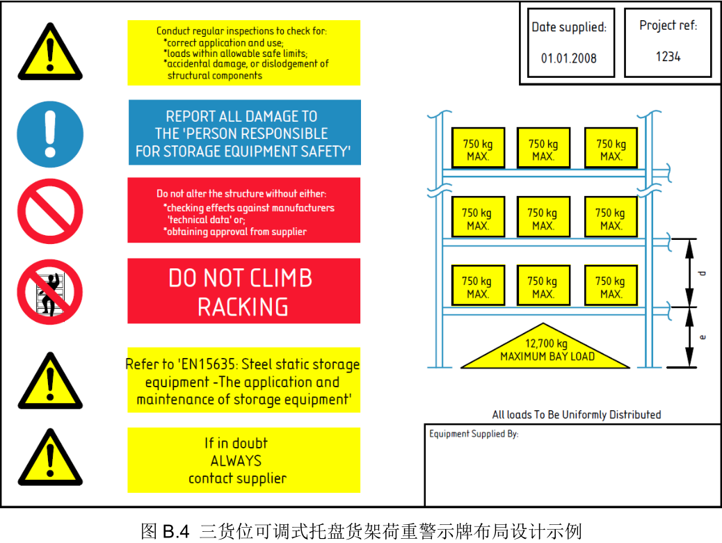 三貨位可調(diào)式托盤貨架荷重警示牌布局設計示列