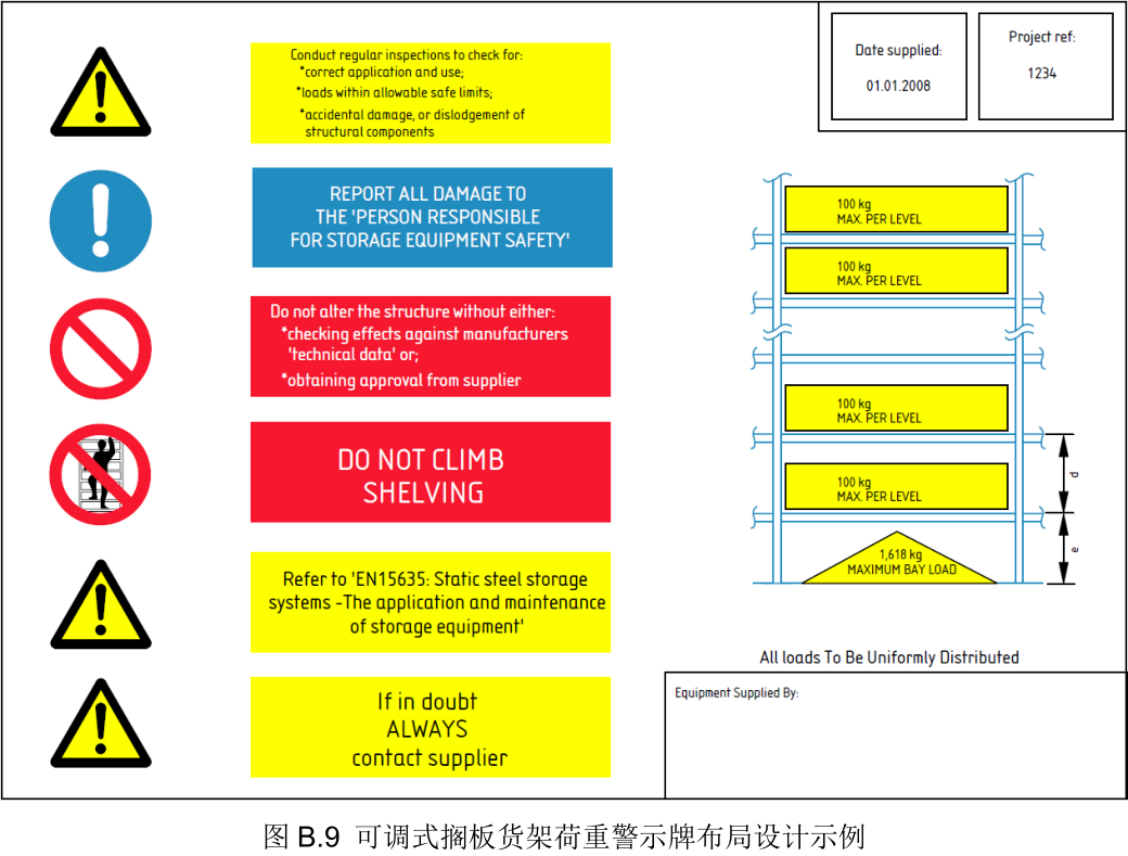 可調(diào)式隔板貨架荷重警示牌布局設計示列